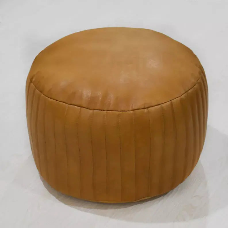 Solid Handmade Goat Leather Round Pouf (Recycled Cotton Fill) Get My Rugs LLC