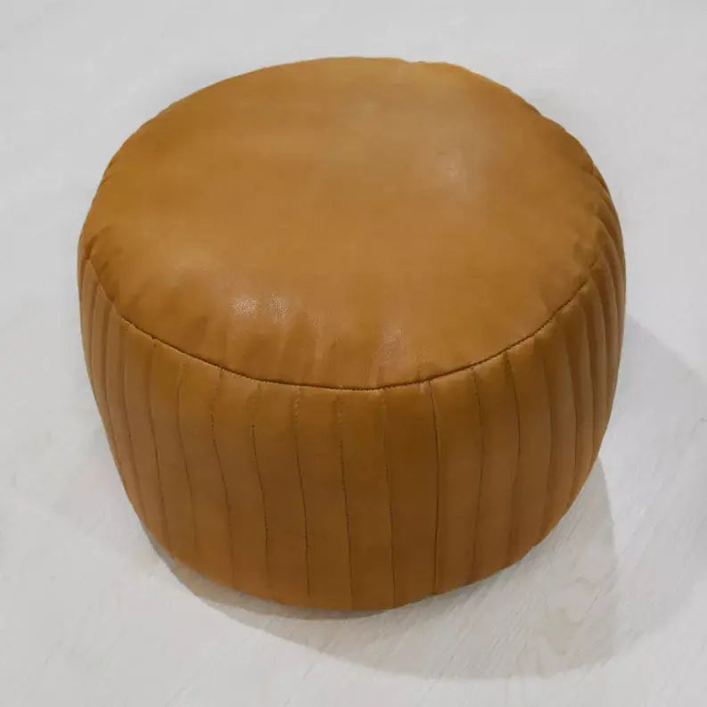 Solid Handmade Goat Leather Round Pouf (Recycled Cotton Fill) Get My Rugs LLC