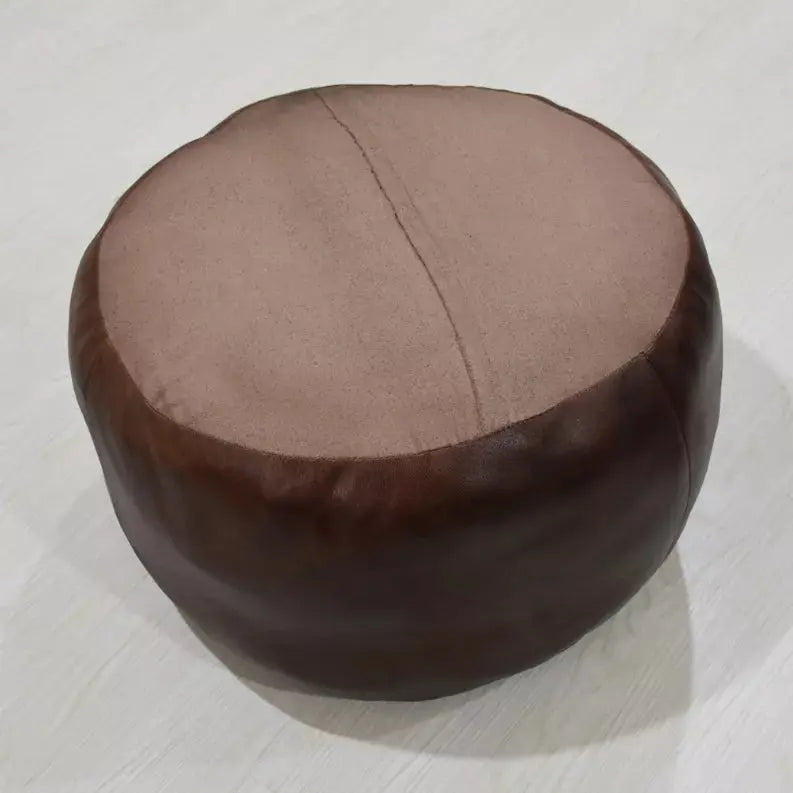 Solid Handmade Goat Leather Round Pouf (Recycled Cotton Fill) Get My Rugs LLC