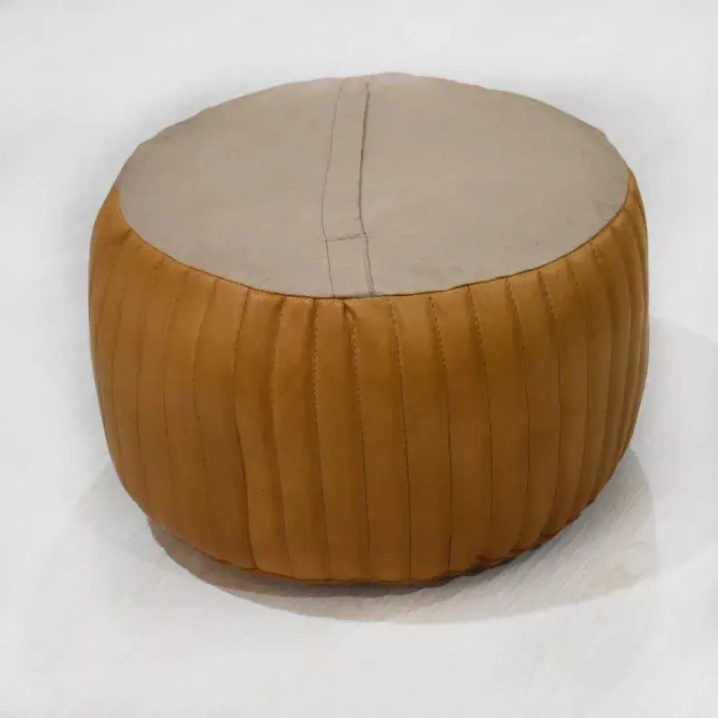Solid Handmade Goat Leather Round Pouf (Recycled Cotton Fill) Get My Rugs LLC