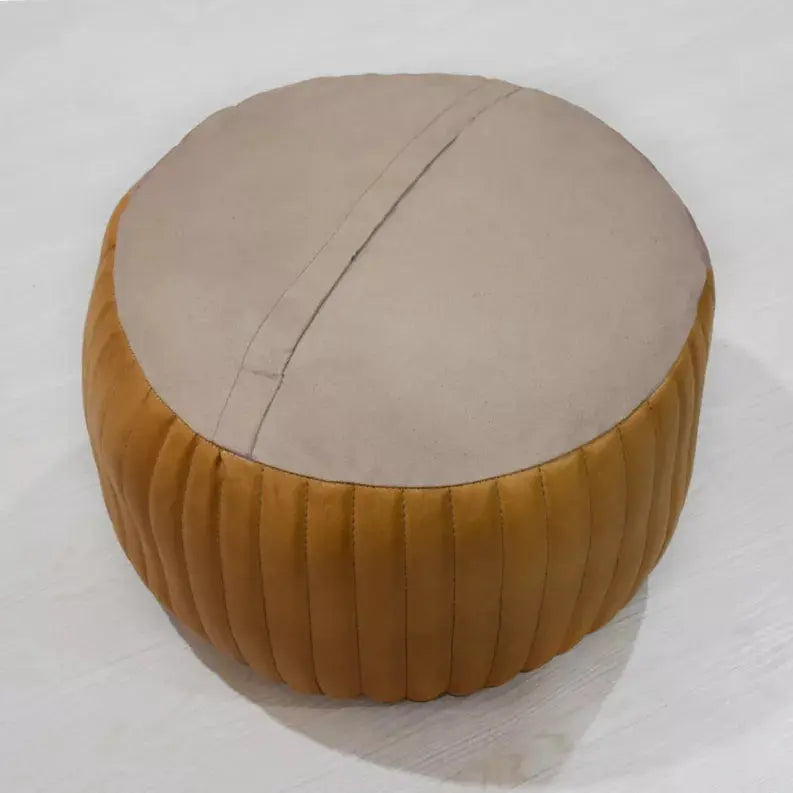 Solid Handmade Goat Leather Round Pouf (Recycled Cotton Fill) Get My Rugs LLC