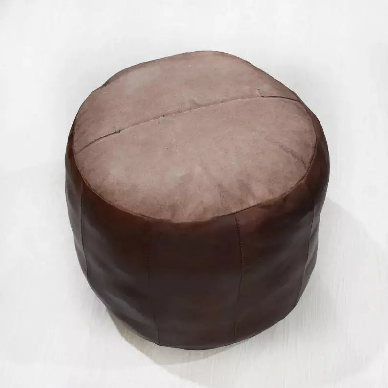 Solid Handmade Goat Leather Round Pouf (Recycled Cotton Fill) Get My Rugs LLC