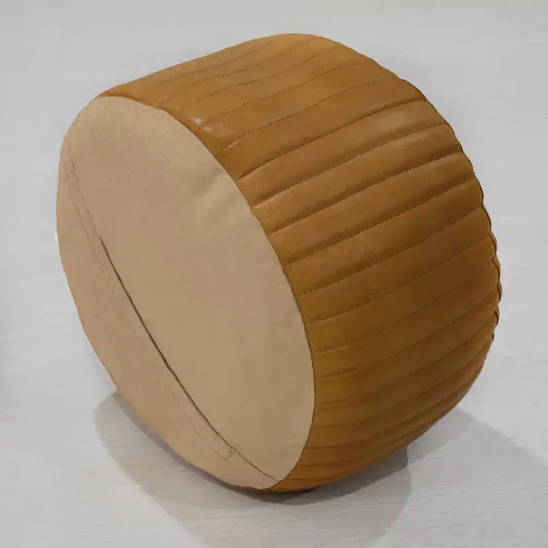Solid Handmade Goat Leather Round Pouf (Recycled Cotton Fill) Get My Rugs LLC