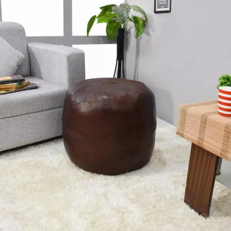 Solid Handmade Goat Leather Round Pouf (Recycled Cotton Fill) Get My Rugs LLC