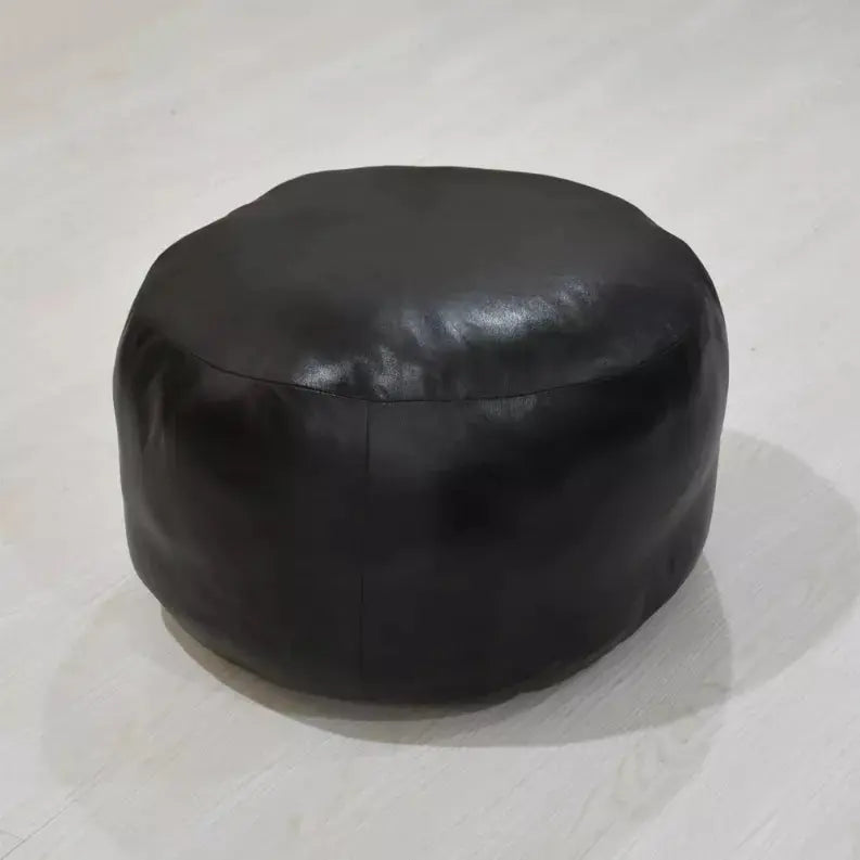 Solid Handmade Goat Leather Round Pouf (Recycled Cotton Fill) Get My Rugs LLC