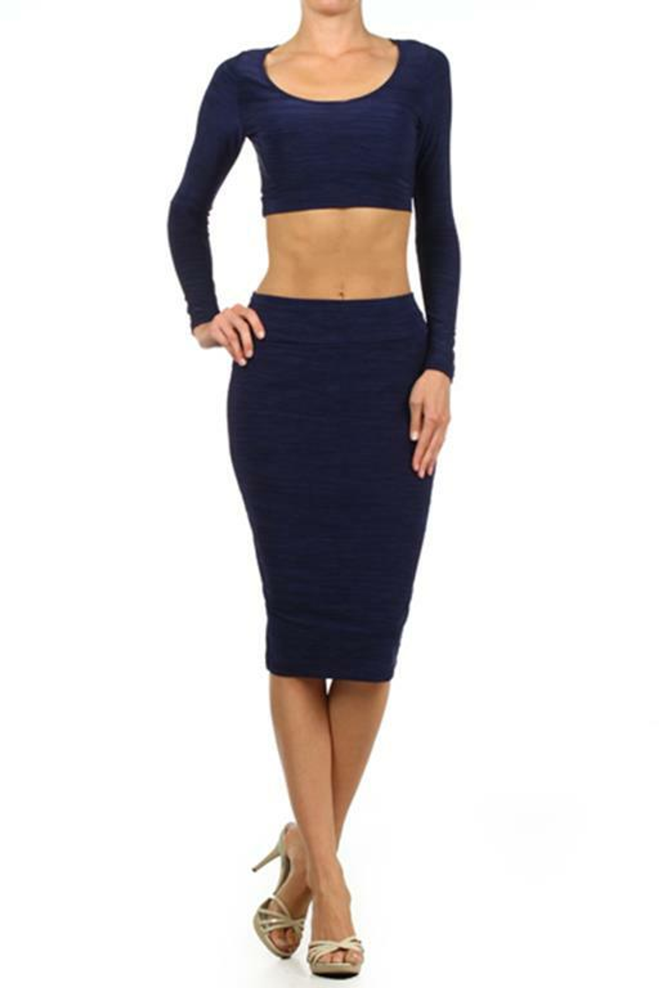Solid Two Piece Set with a Cropped Fitted Top and a Matching High Waist Skirt Navy SurelyMine
