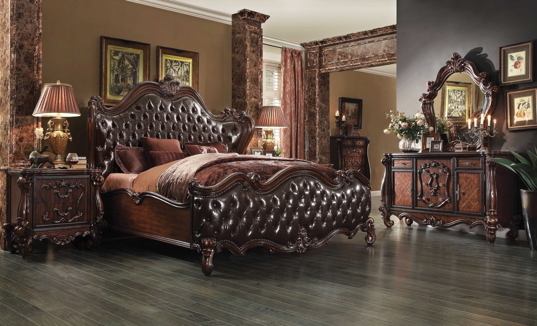 Solid Wood Queen Tufted Dark Brown Upholstered Faux Leather Bed With Nailhead Trim Homeroots Bed & Bath