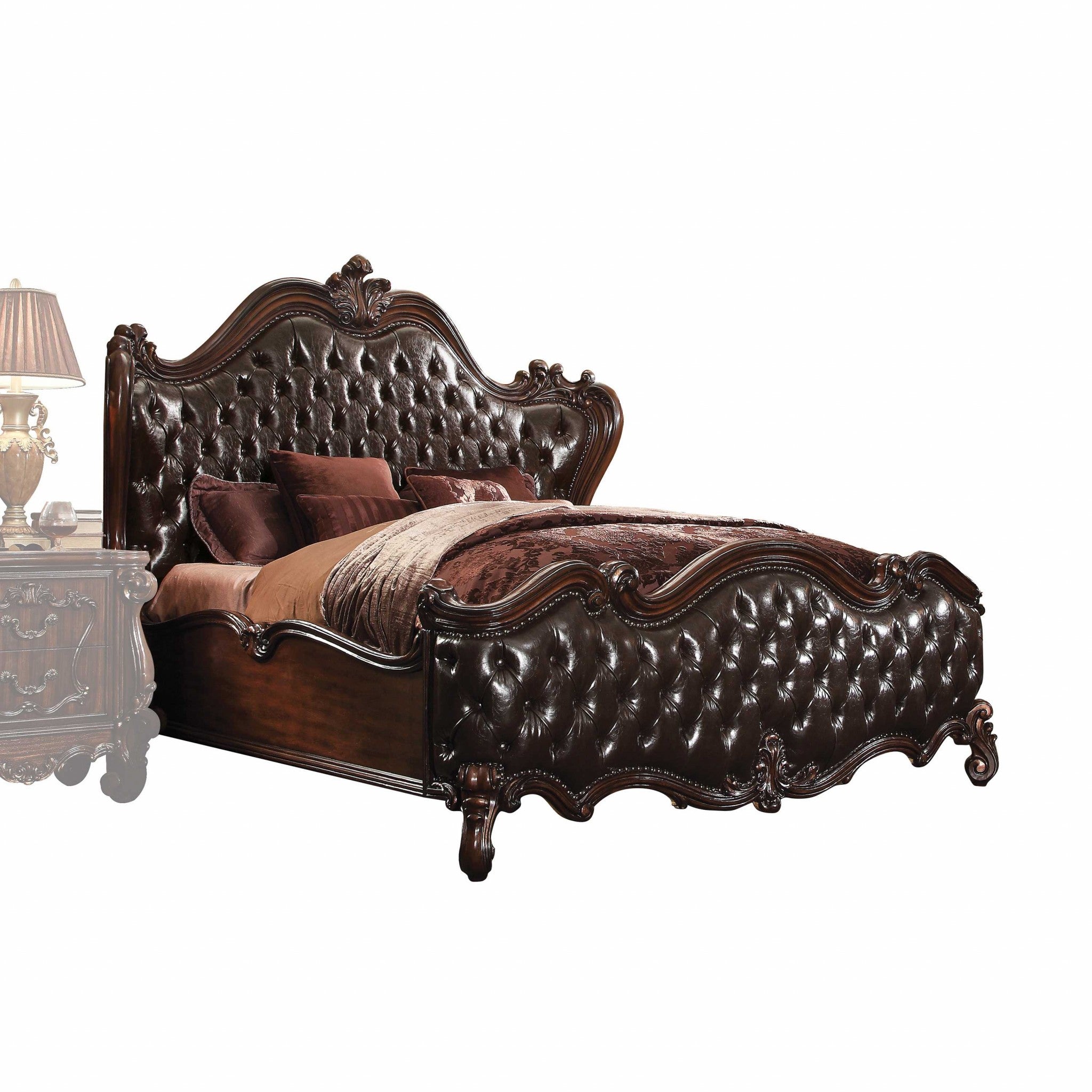 Solid Wood Queen Tufted Dark Brown Upholstered Faux Leather Bed With Nailhead Trim Homeroots Bed & Bath