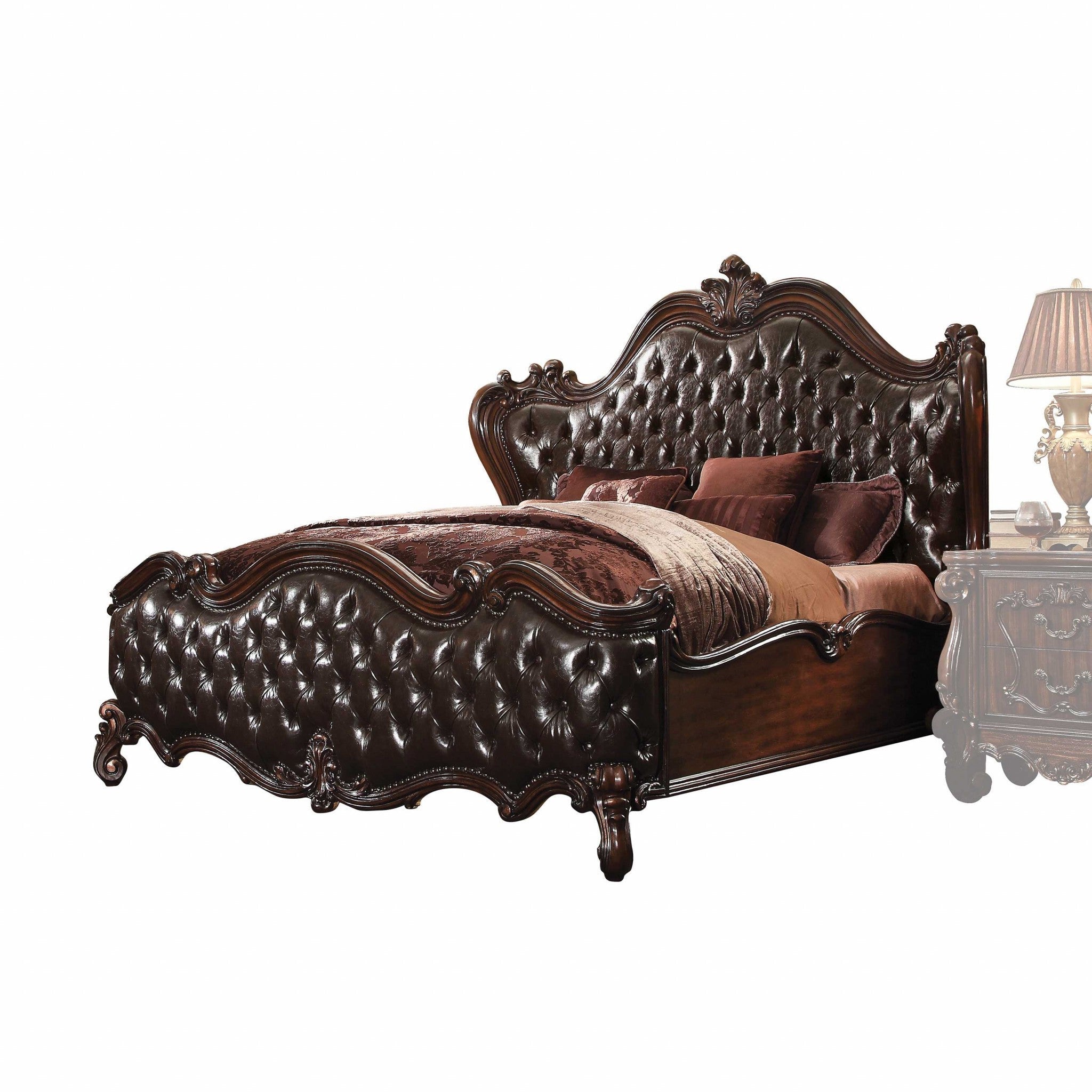 Solid Wood Queen Tufted Dark Brown Upholstered Faux Leather Bed With Nailhead Trim Homeroots Bed & Bath