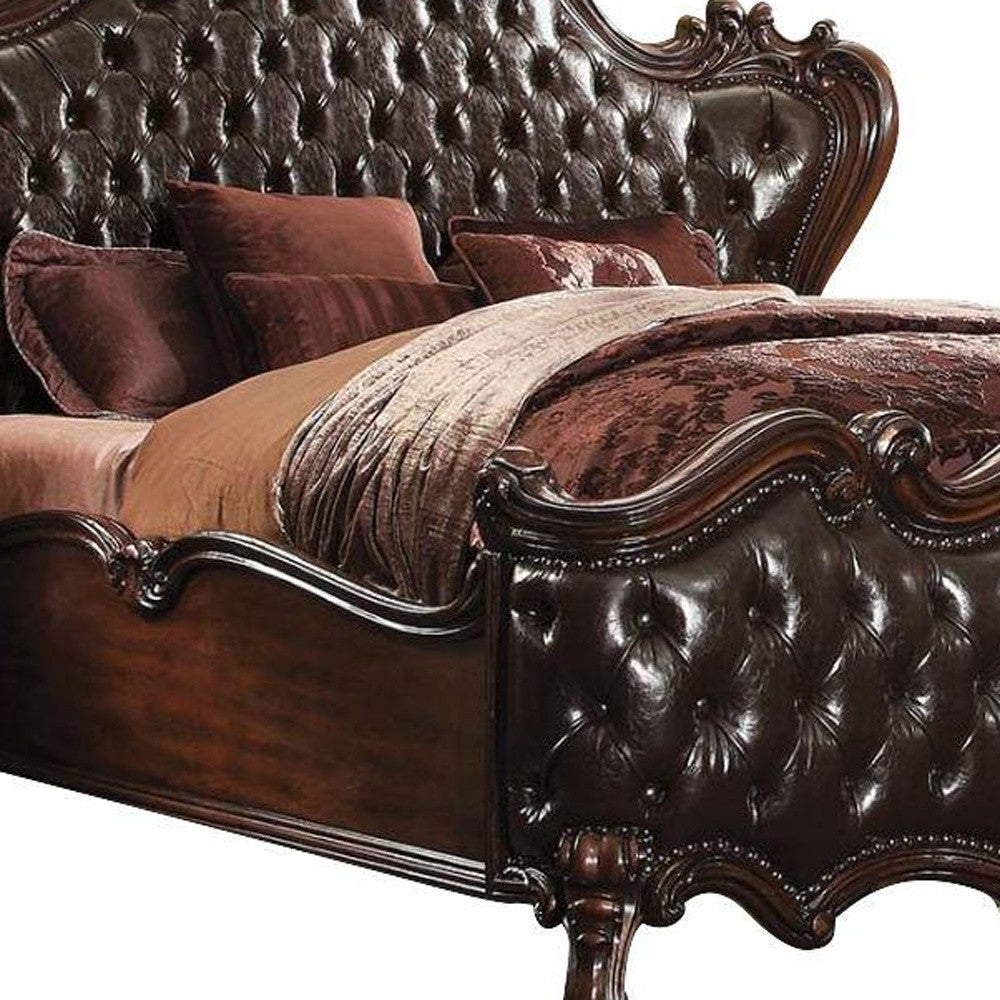 Solid Wood Queen Tufted Dark Brown Upholstered Faux Leather Bed With Nailhead Trim Homeroots Bed & Bath