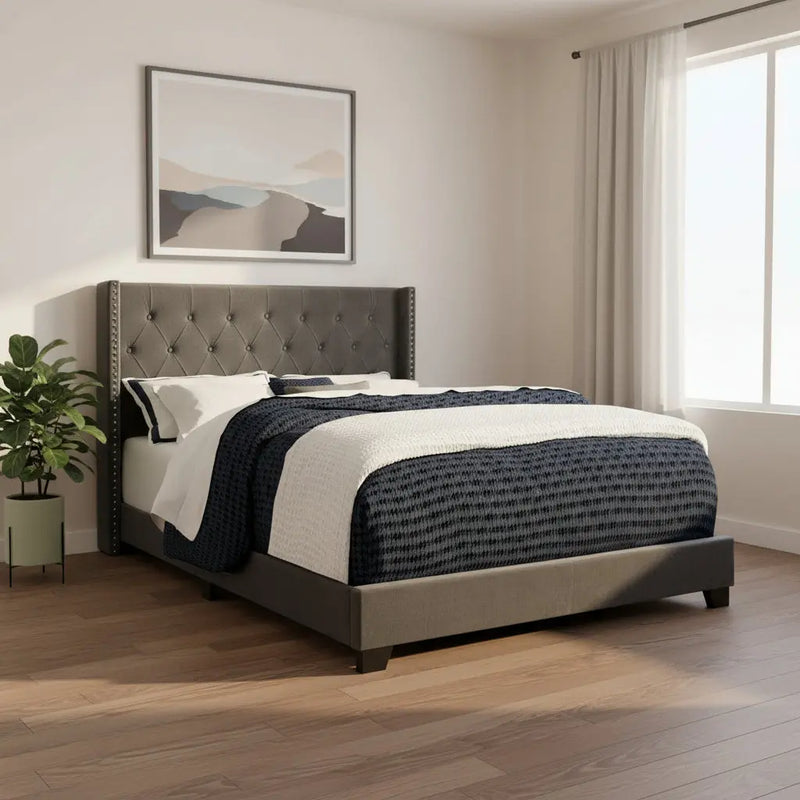 Solid Wood Queen Tufted Gray Upholstered Velvet Bed With Nailhead Trim - GreatEagleInc