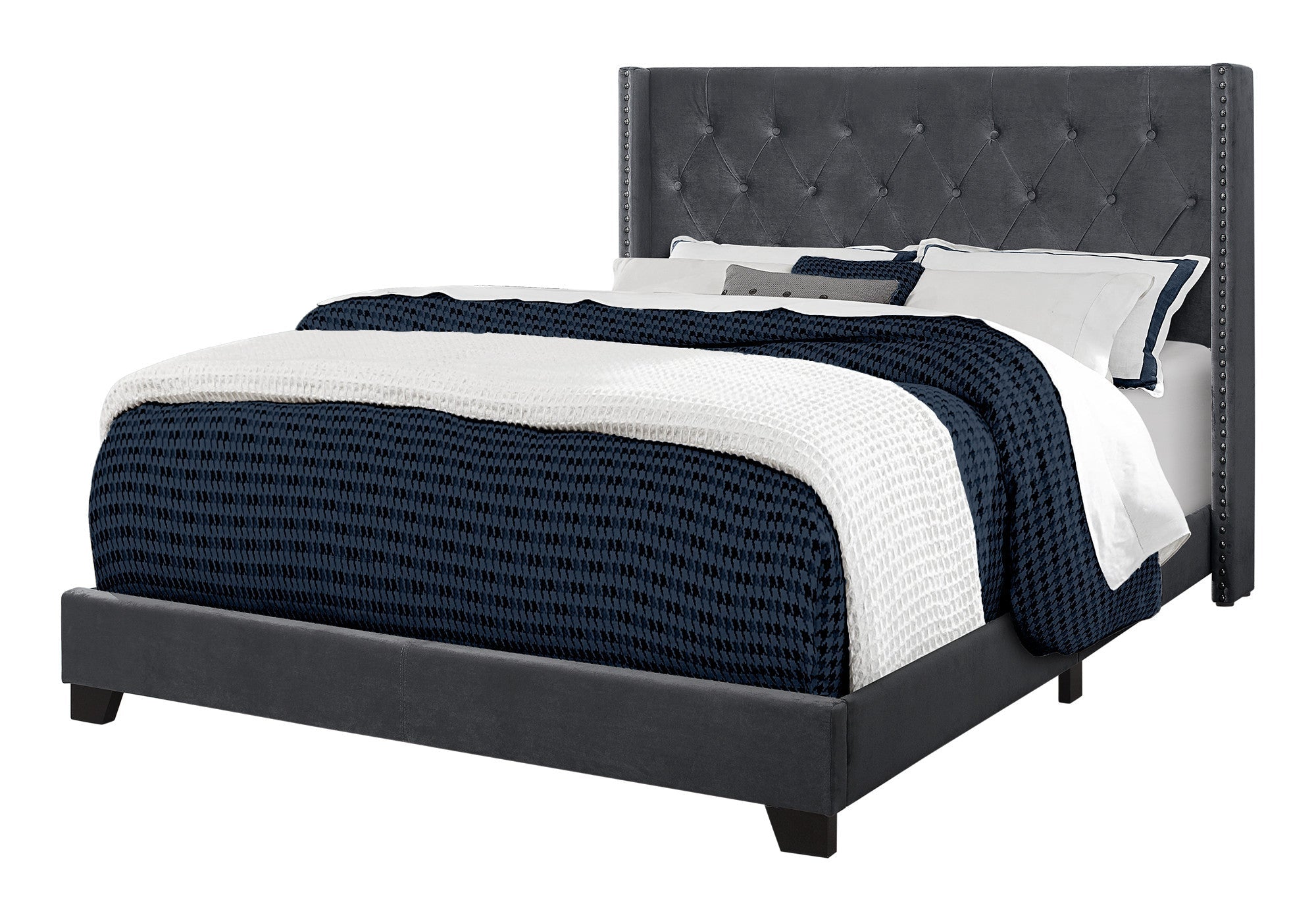 Solid Wood Queen Tufted Gray Upholstered Velvet Bed With Nailhead Trim - GreatEagleInc