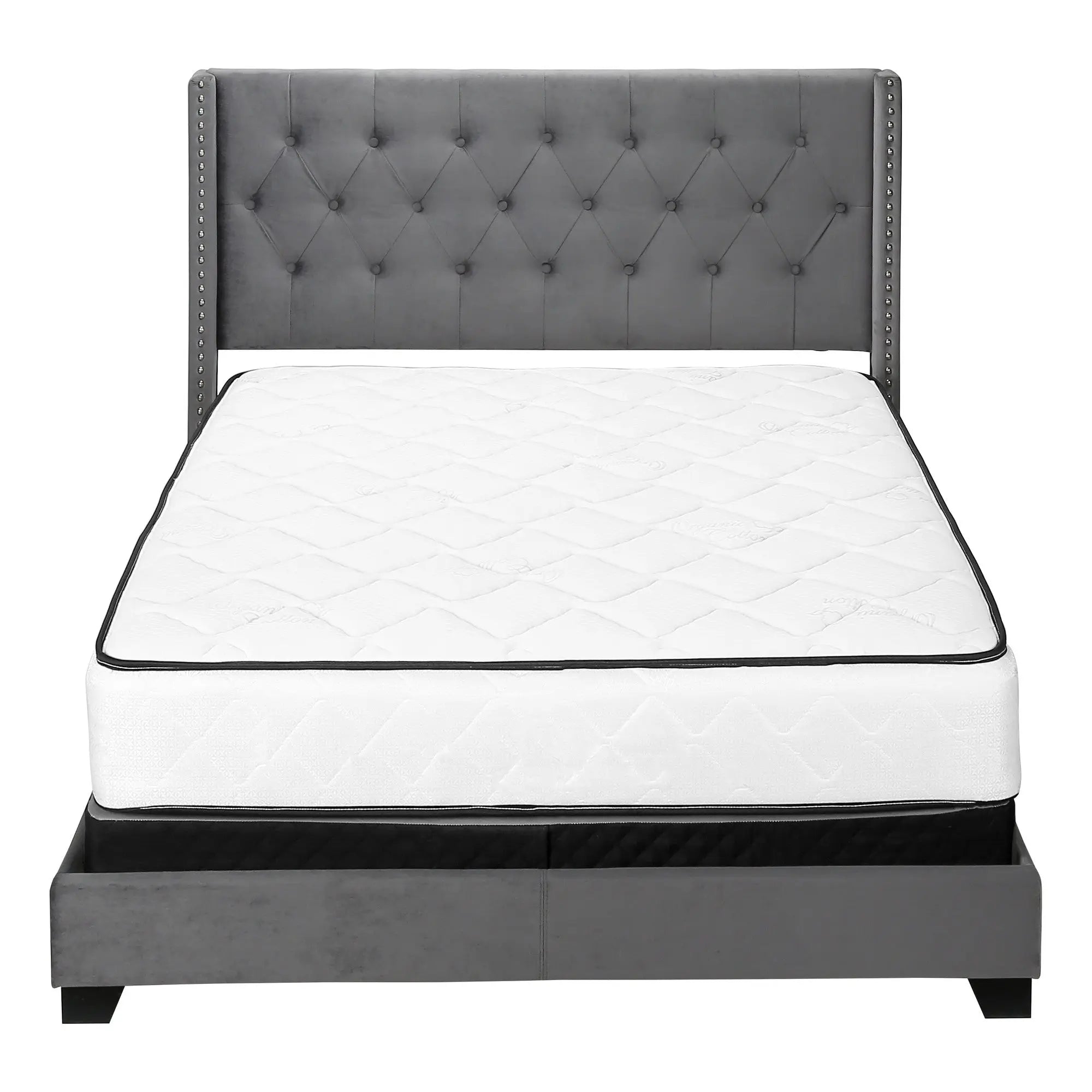 Solid Wood Queen Tufted Gray Upholstered Velvet Bed With Nailhead Trim - GreatEagleInc