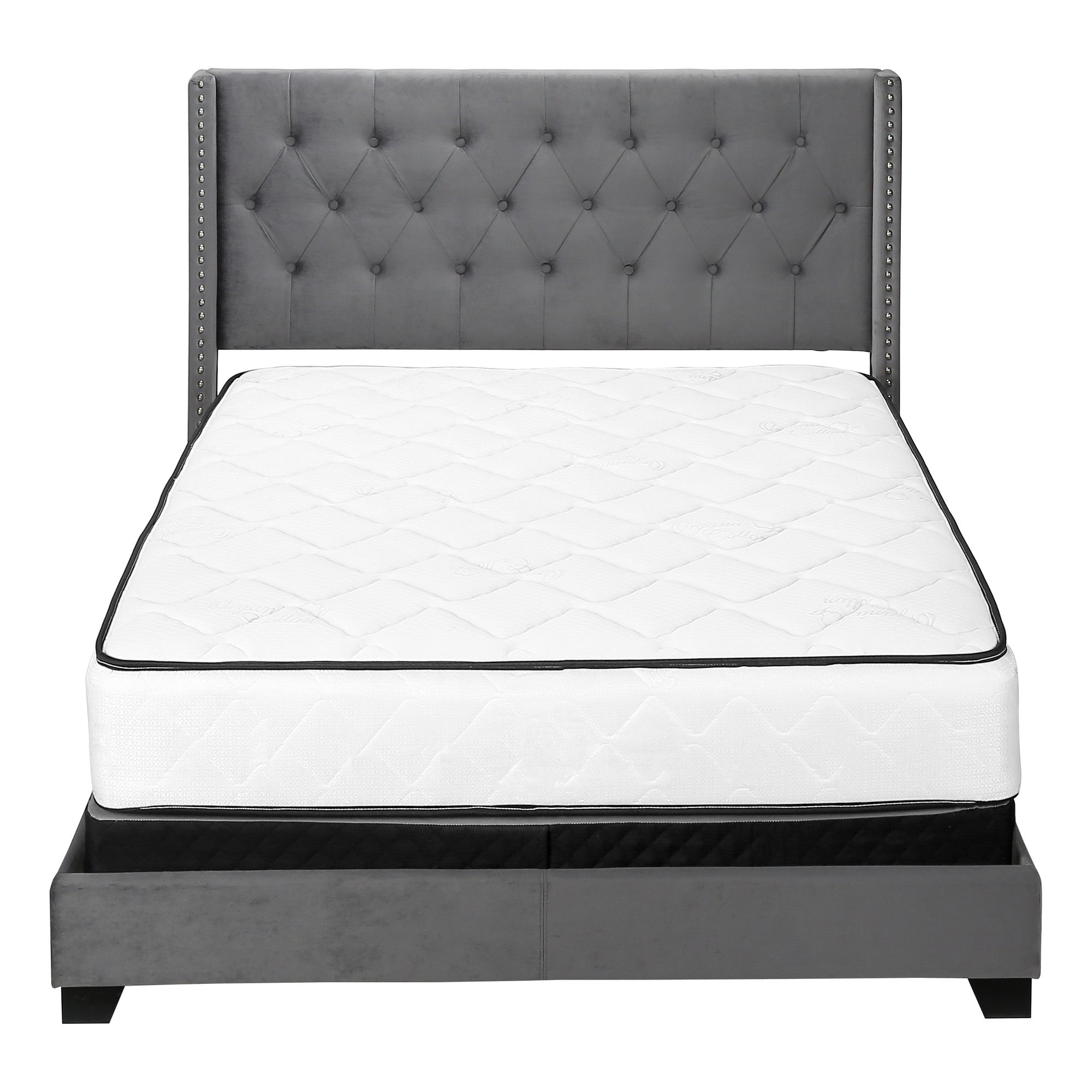 Solid Wood Queen Tufted Gray Upholstered Velvet Bed With Nailhead Trim - GreatEagleInc