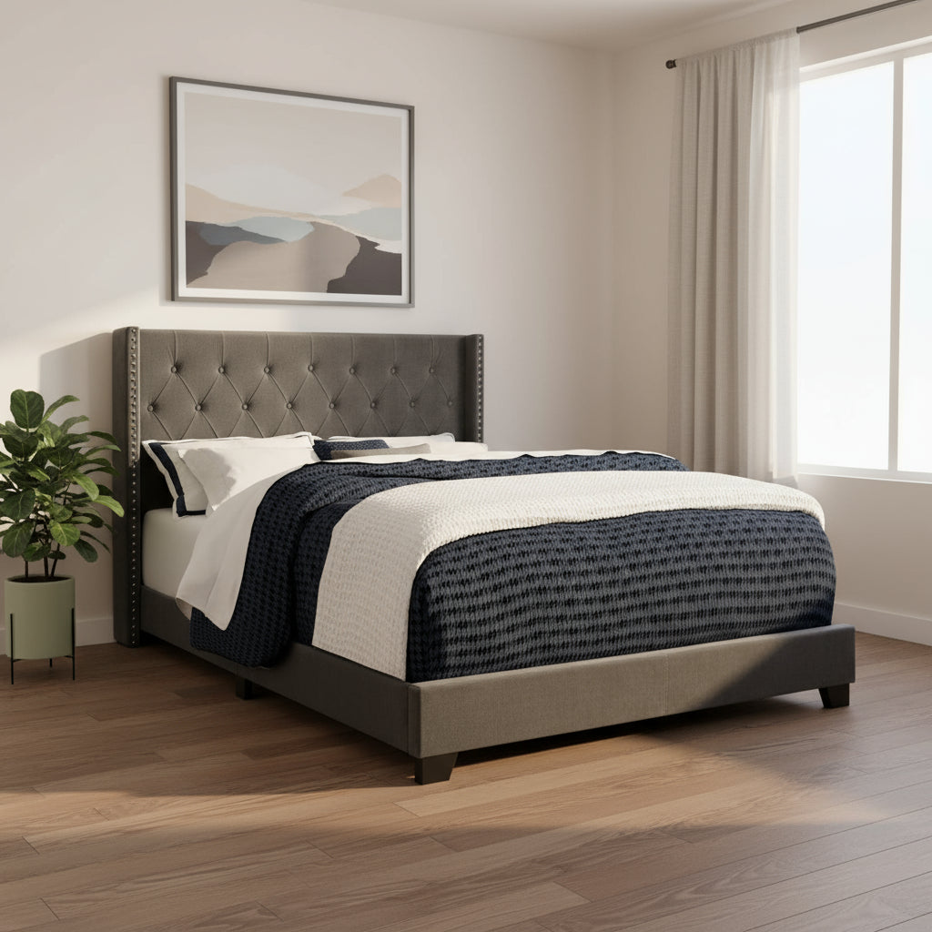 Solid Wood Queen Tufted Gray Upholstered Velvet Bed With Nailhead Trim - GreatEagleInc