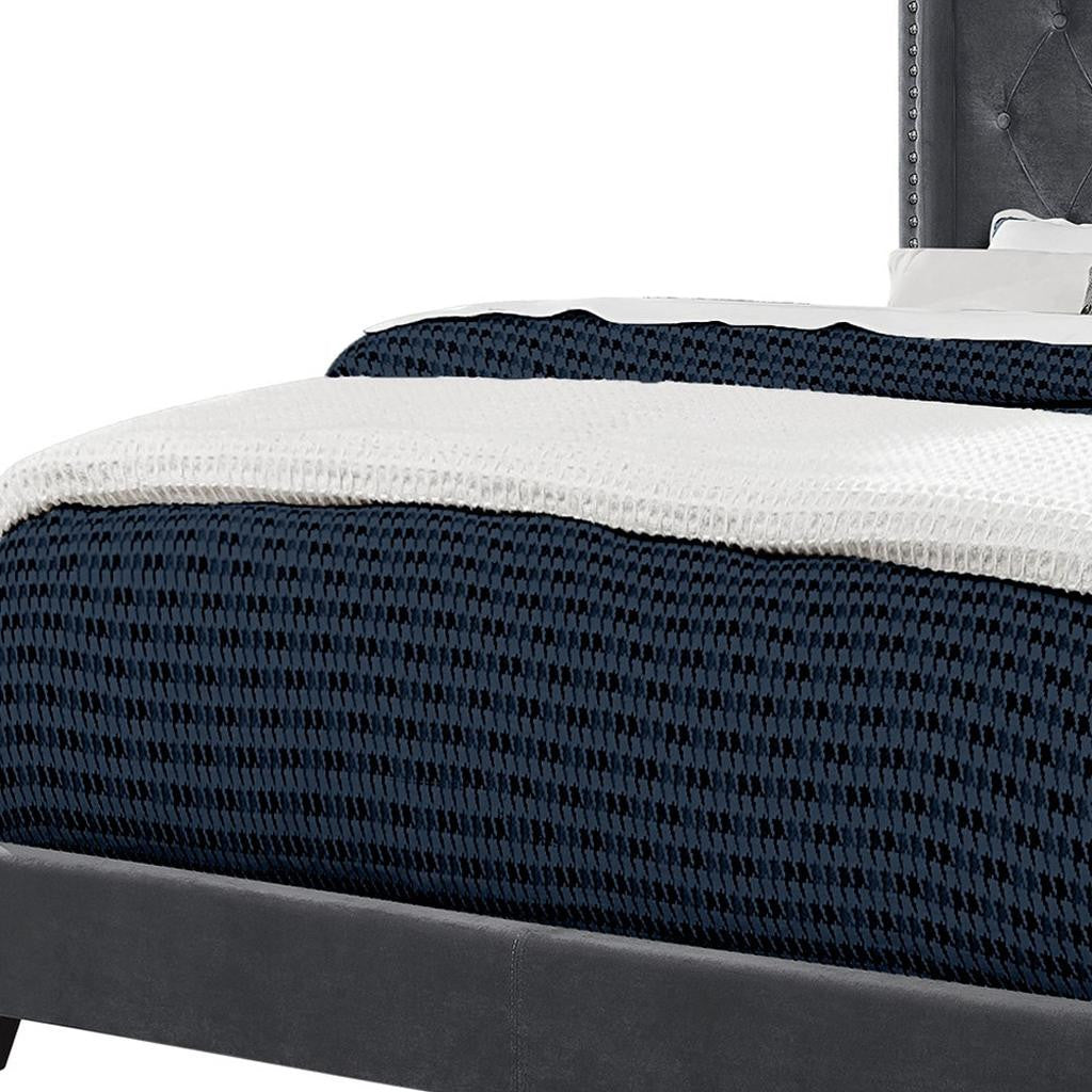 Solid Wood Queen Tufted Gray Upholstered Velvet Bed With Nailhead Trim - GreatEagleInc
