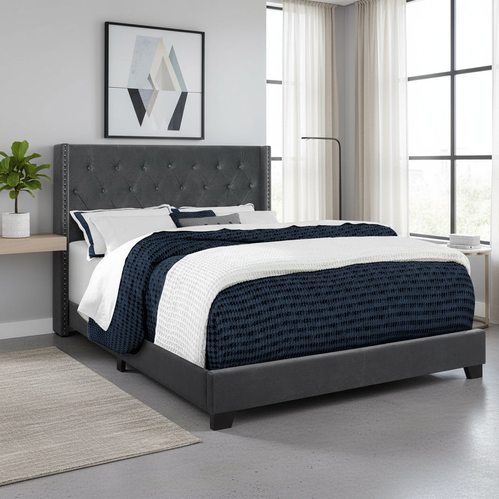 Solid Wood Queen Tufted Gray Upholstered Velvet Bed With Nailhead Trim - GreatEagleInc