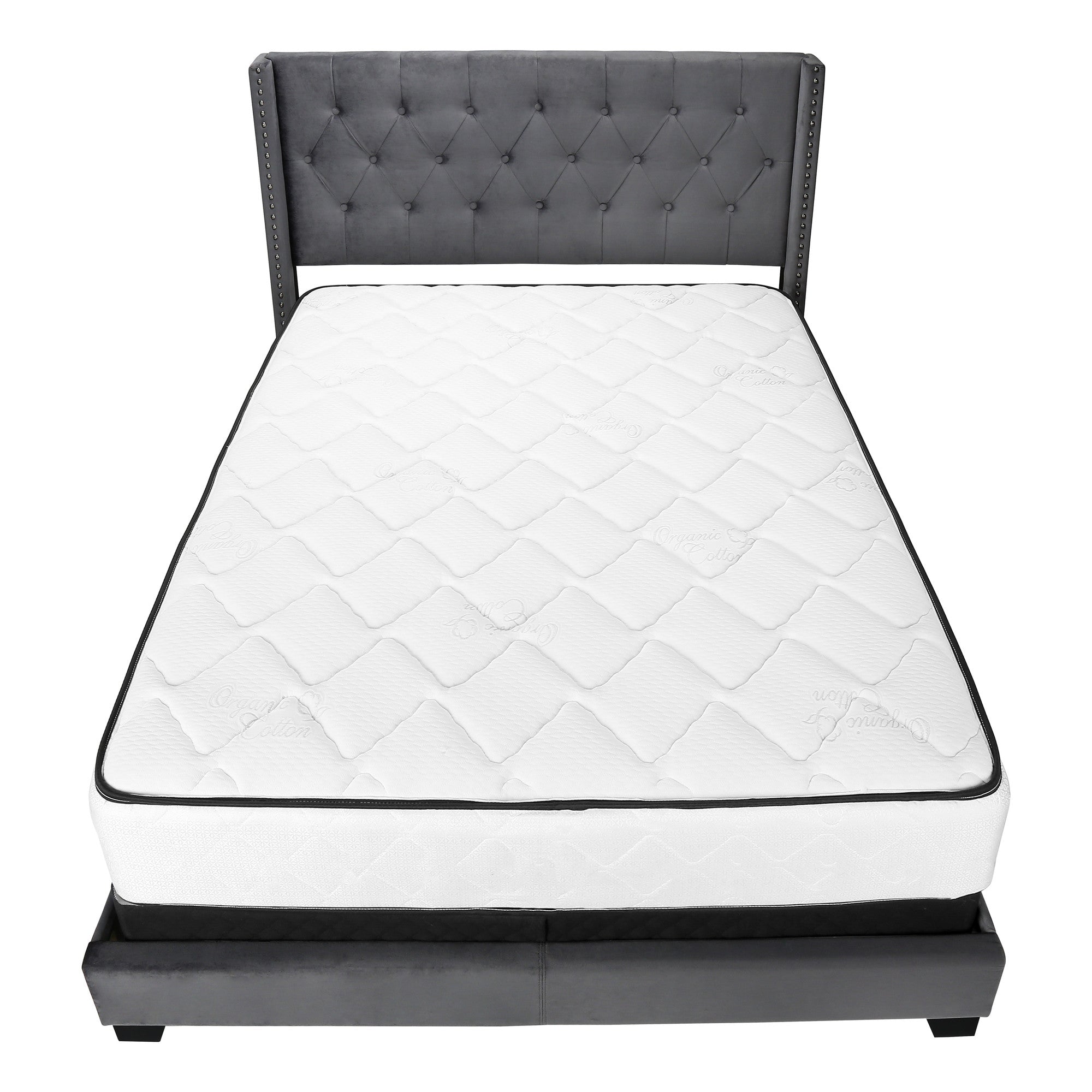 Solid Wood Queen Tufted Gray Upholstered Velvet Bed With Nailhead Trim - GreatEagleInc