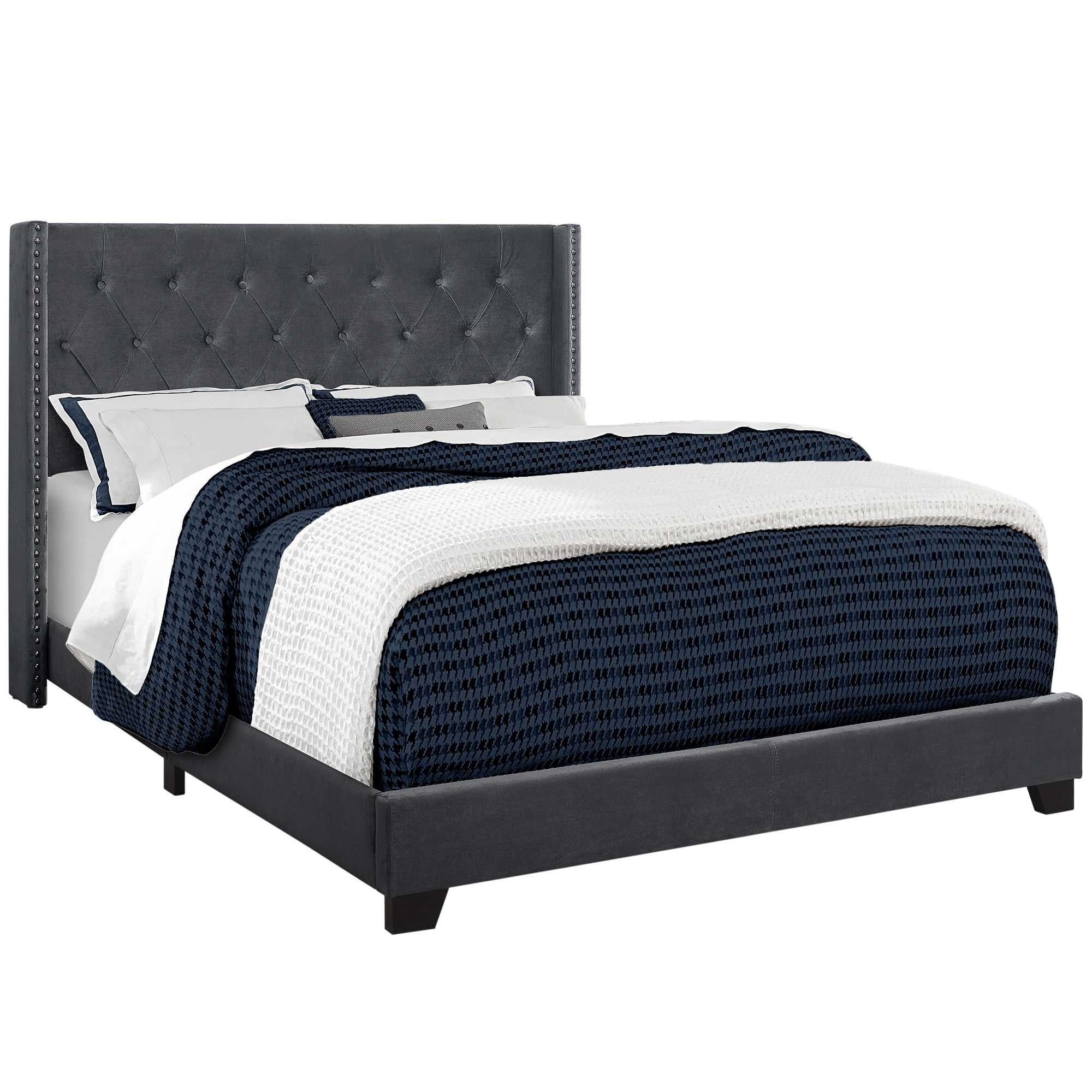 Solid Wood Queen Tufted Gray Upholstered Velvet Bed With Nailhead Trim - GreatEagleInc