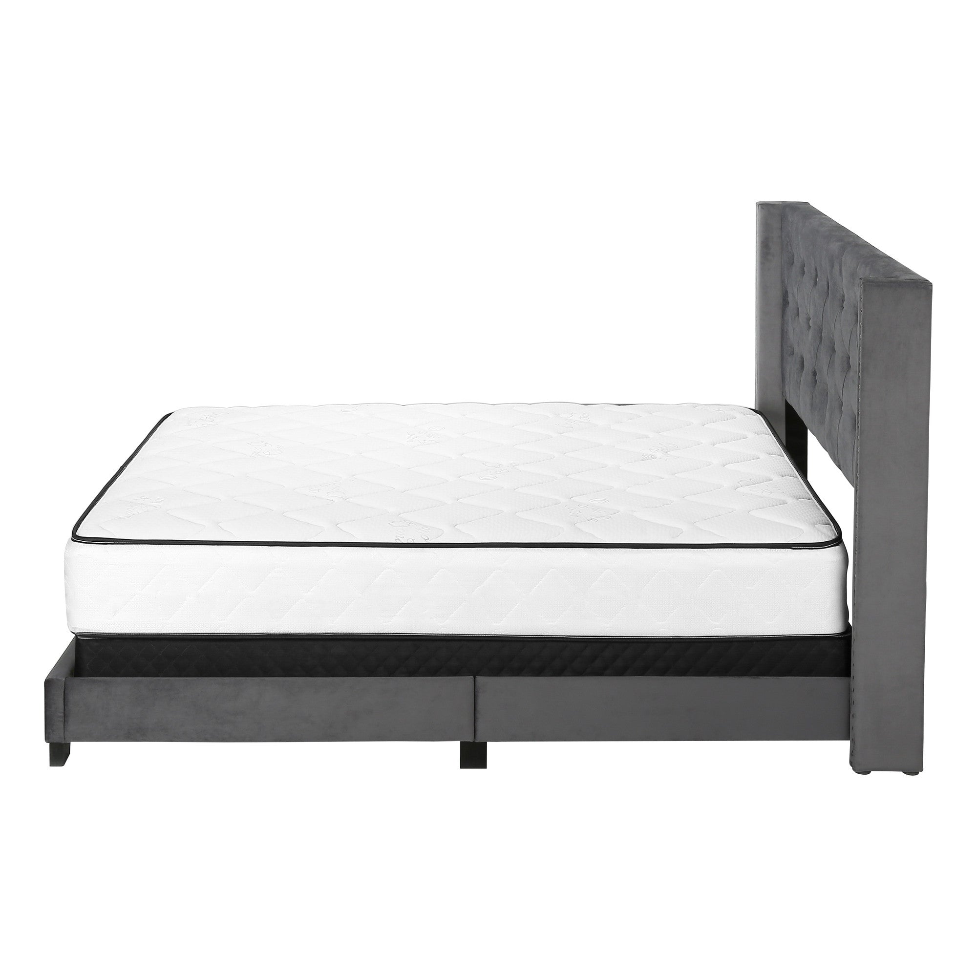 Solid Wood Queen Tufted Gray Upholstered Velvet Bed With Nailhead Trim - GreatEagleInc