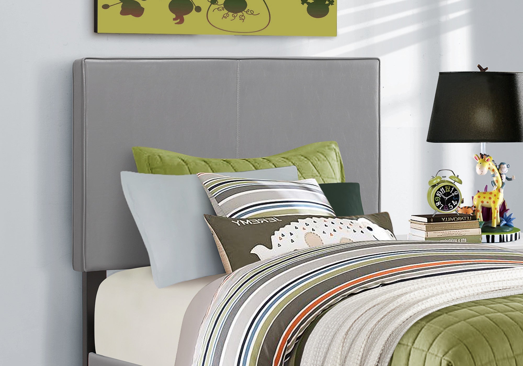 Solid Wood Twin Gray Upholstered Faux Leather Bed - GreatEagleInc