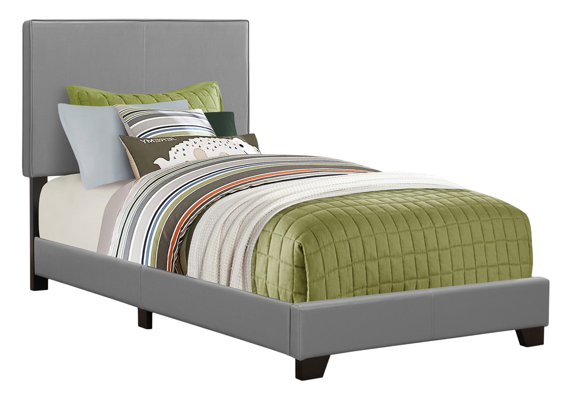 Solid Wood Twin Gray Upholstered Faux Leather Bed - GreatEagleInc