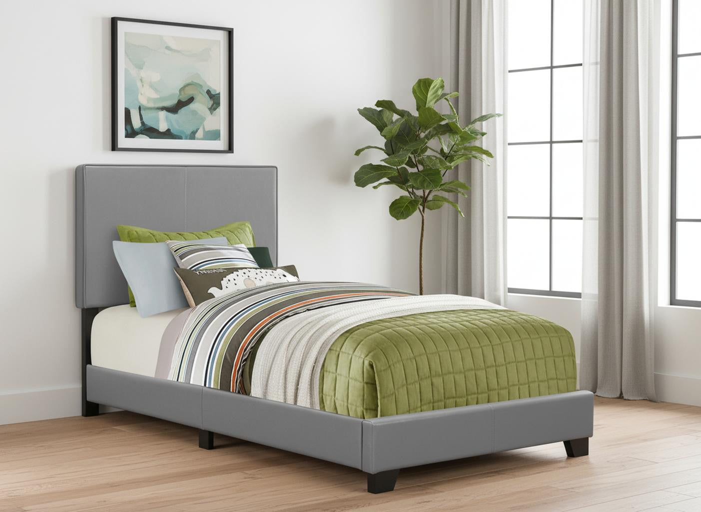Solid Wood Twin Gray Upholstered Faux Leather Bed - GreatEagleInc