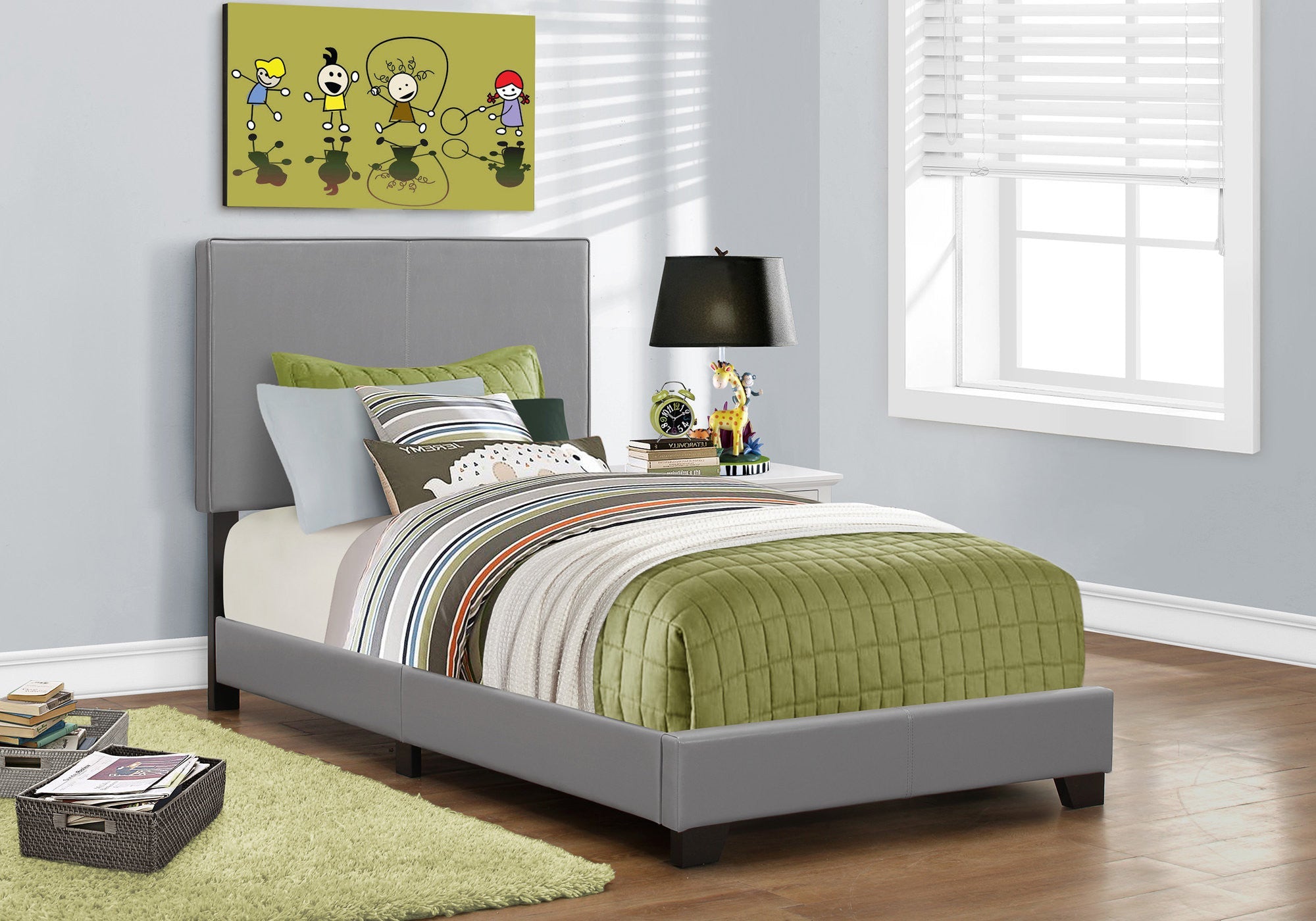 Solid Wood Twin Gray Upholstered Faux Leather Bed - GreatEagleInc