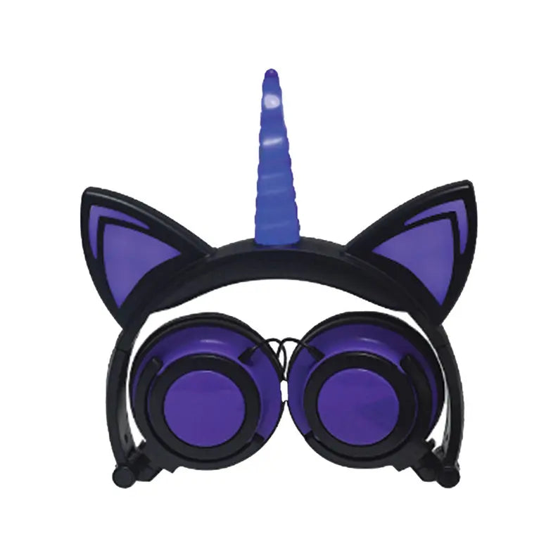 Sparkle-Style CAT Unicorn LIGHT UP LED Over Ear Wired Headphones- Black/Purple Soundbound