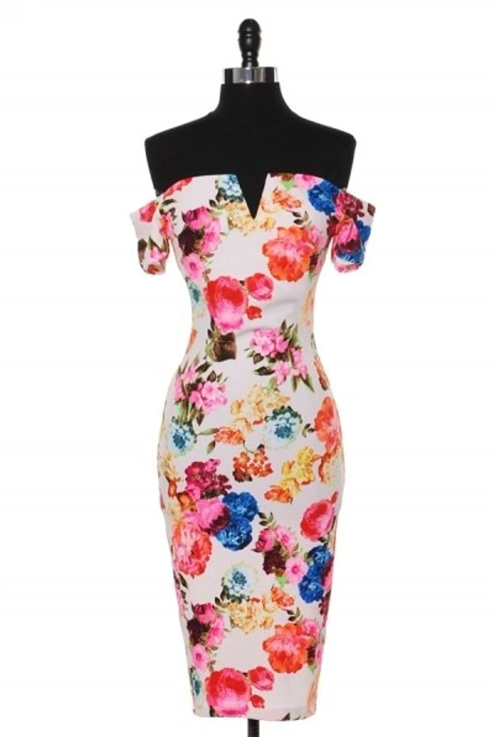 Spring Has Sprung Off The Shoulder Floral Print Body-con Midi Dress White SurelyMine