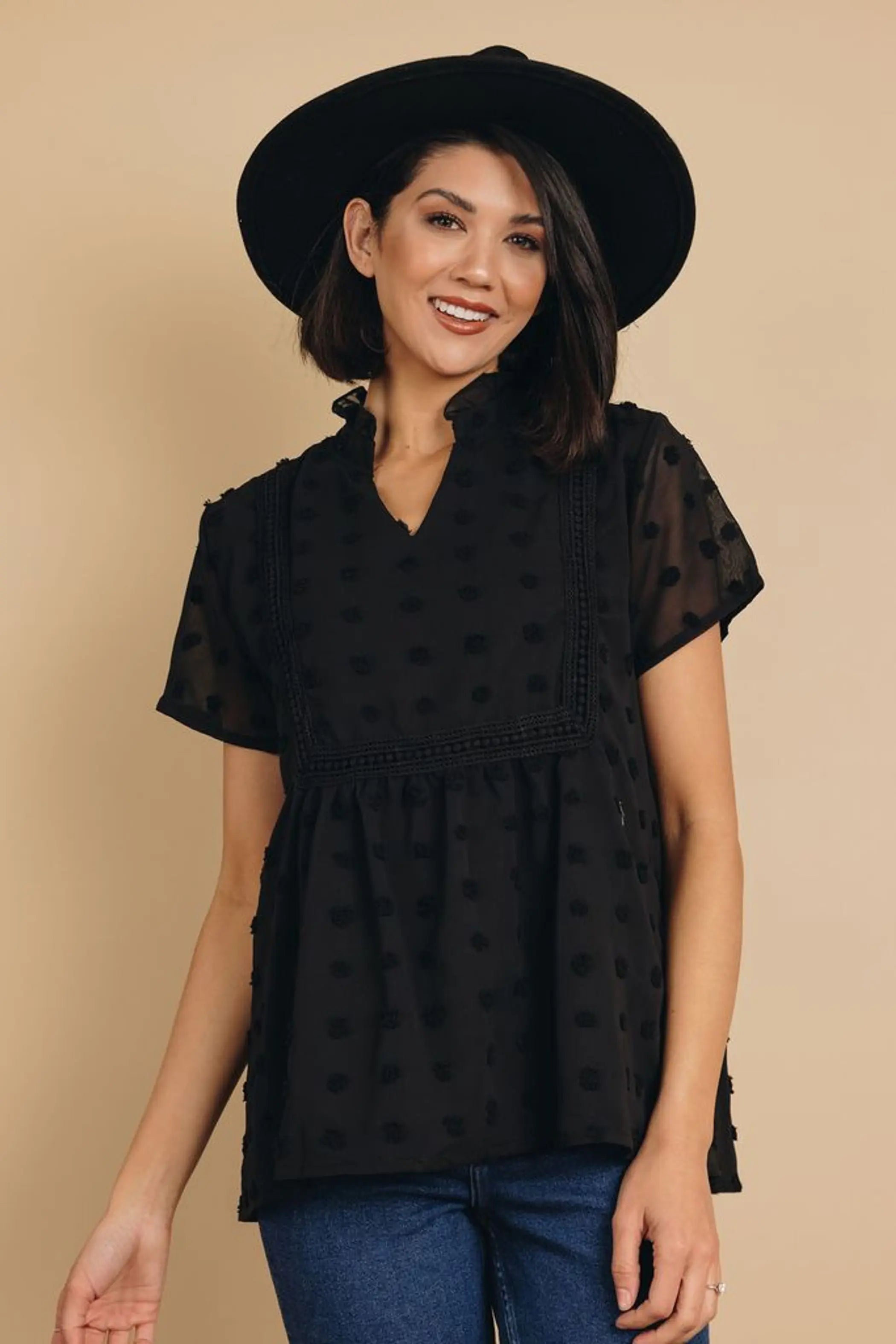 Spring It On Swiss Dot Blouse Stay Warm in Style