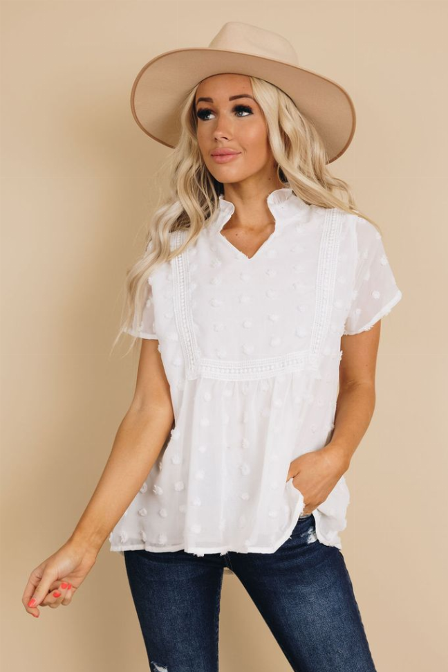Spring It On Swiss Dot Blouse Stay Warm in Style