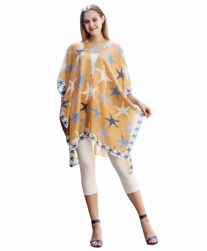 Starfish Border Accent Kimono JC Sunny Fashion