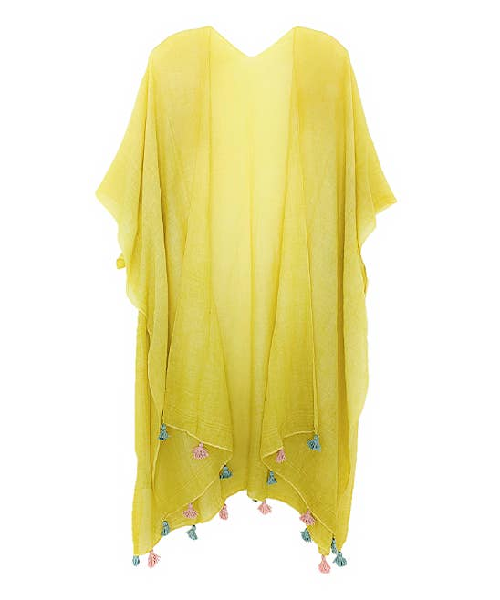 Bright yellow lightweight kimono with colorful tassels, perfect for layering in warm weather.