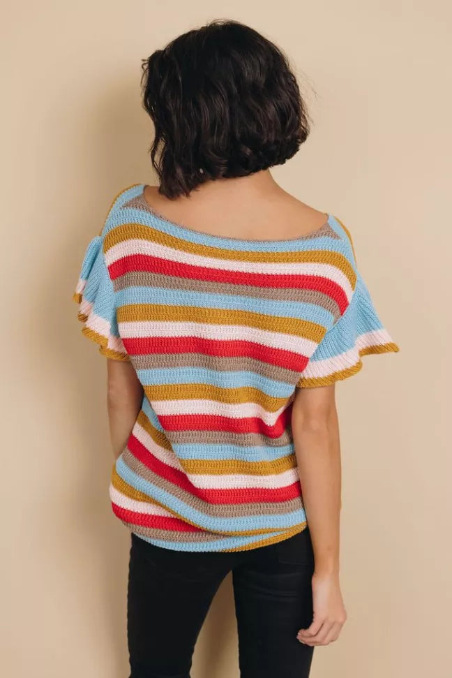Storyline Striped Ruffle Sleeve Top Stay Warm in Style