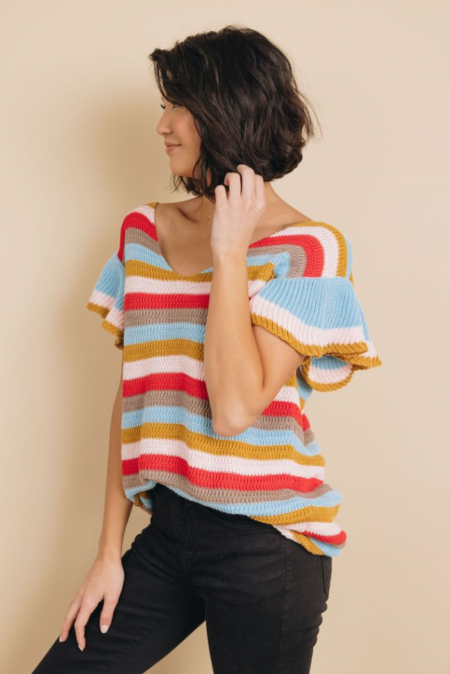Storyline Striped Ruffle Sleeve Top Stay Warm in Style