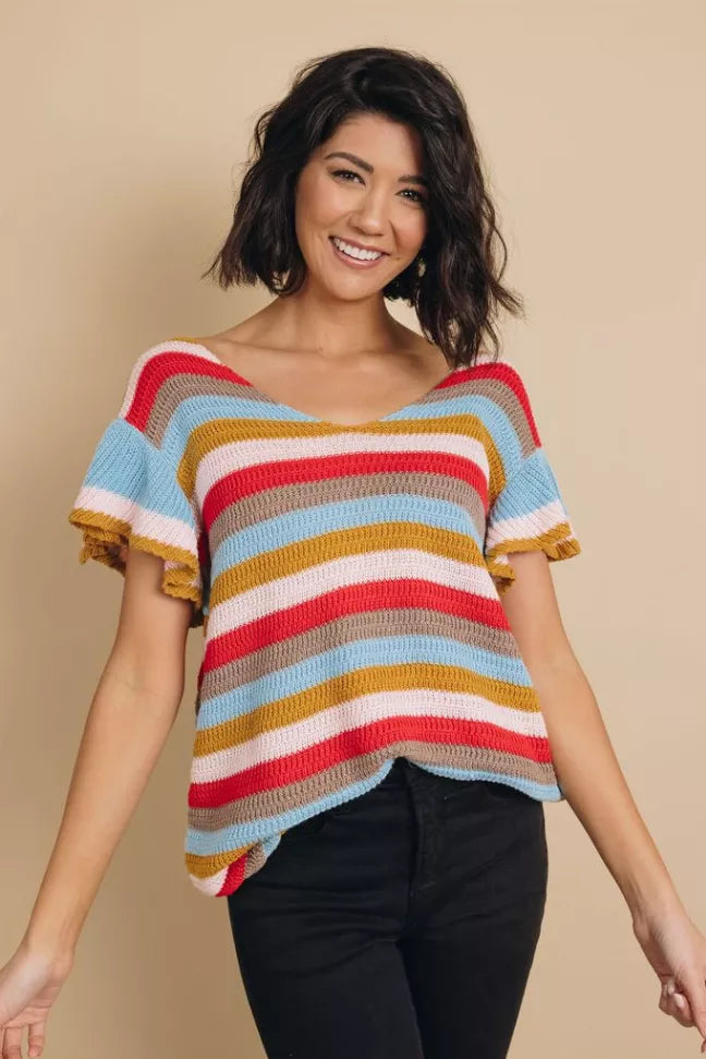Storyline Striped Ruffle Sleeve Top Stay Warm in Style