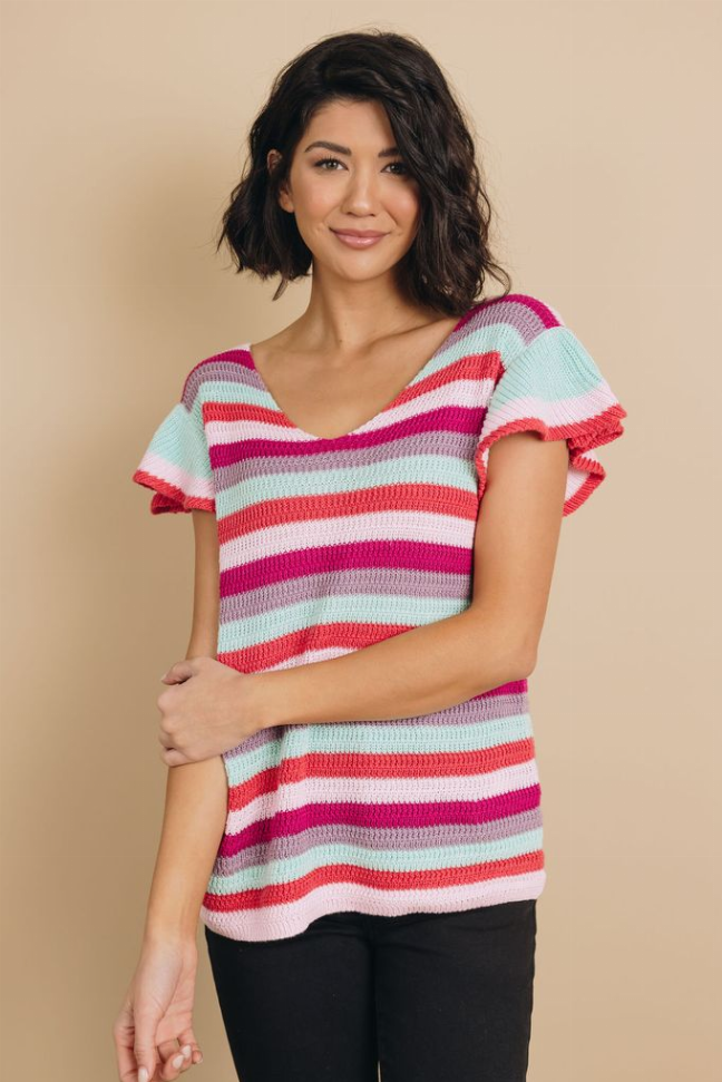 Storyline Striped Ruffle Sleeve Top Stay Warm in Style