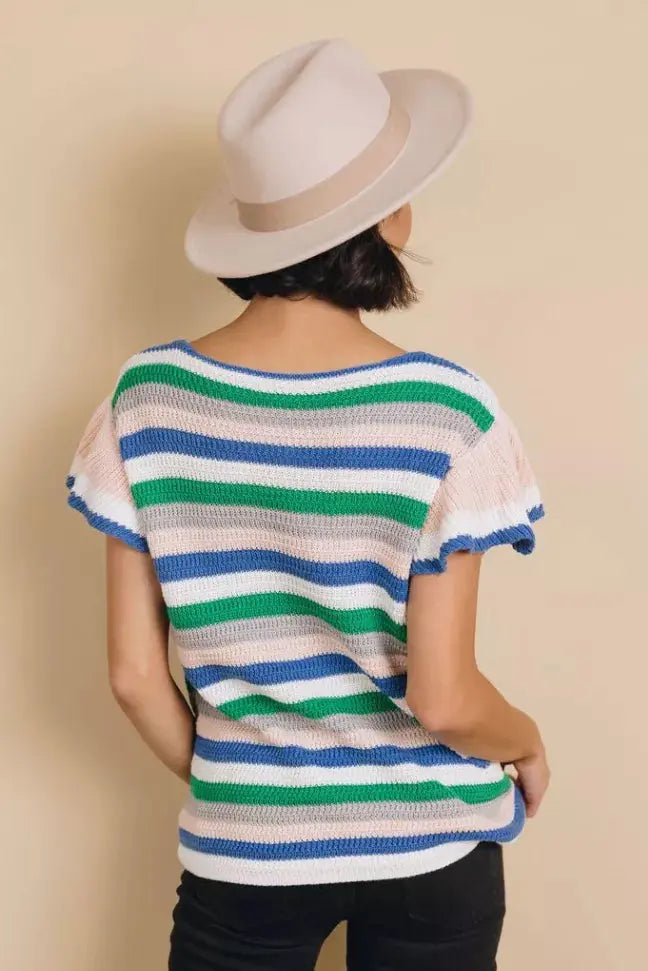 Storyline Striped Ruffle Sleeve Top Stay Warm in Style