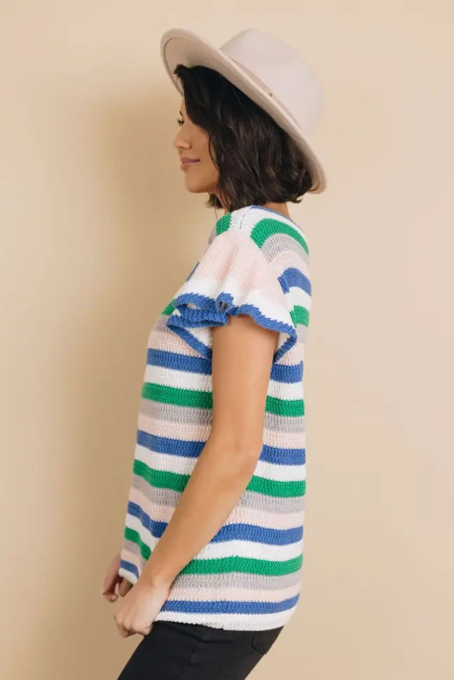 Storyline Striped Ruffle Sleeve Top Stay Warm in Style