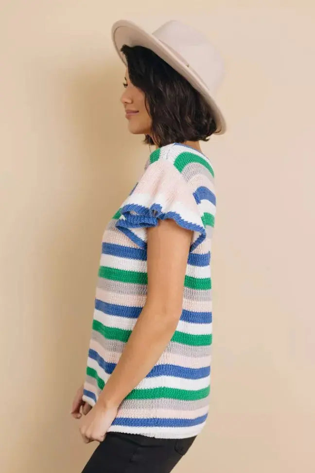 Storyline Striped Ruffle Sleeve Top Stay Warm in Style