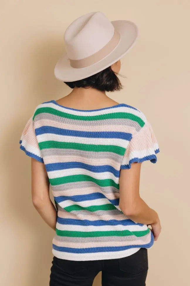 Storyline Striped Ruffle Sleeve Top Stay Warm in Style