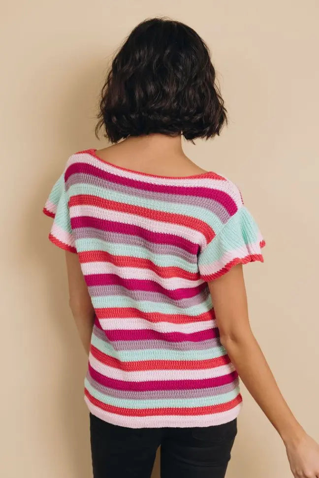 Storyline Striped Ruffle Sleeve Top Stay Warm in Style