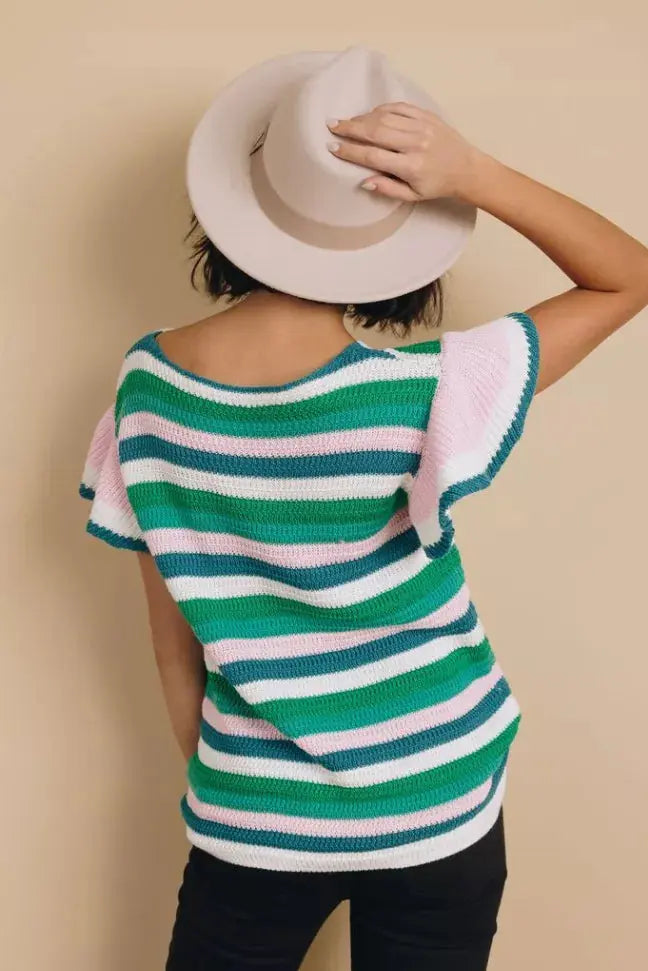 Storyline Striped Ruffle Sleeve Top Stay Warm in Style