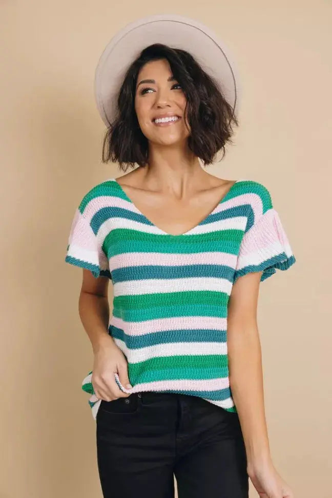 Storyline Striped Ruffle Sleeve Top Stay Warm in Style