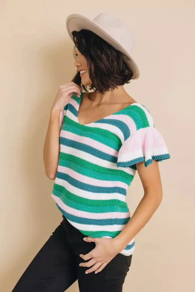 Storyline Striped Ruffle Sleeve Top Stay Warm in Style