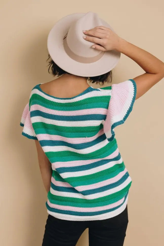 Storyline Striped Ruffle Sleeve Top Stay Warm in Style