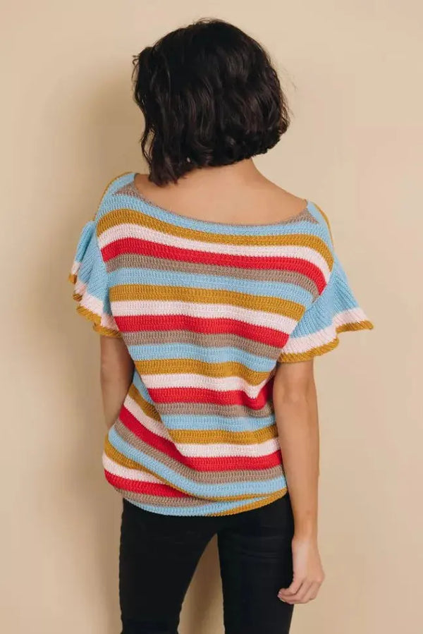 Storyline Striped Ruffle Sleeve Top Stay Warm in Style