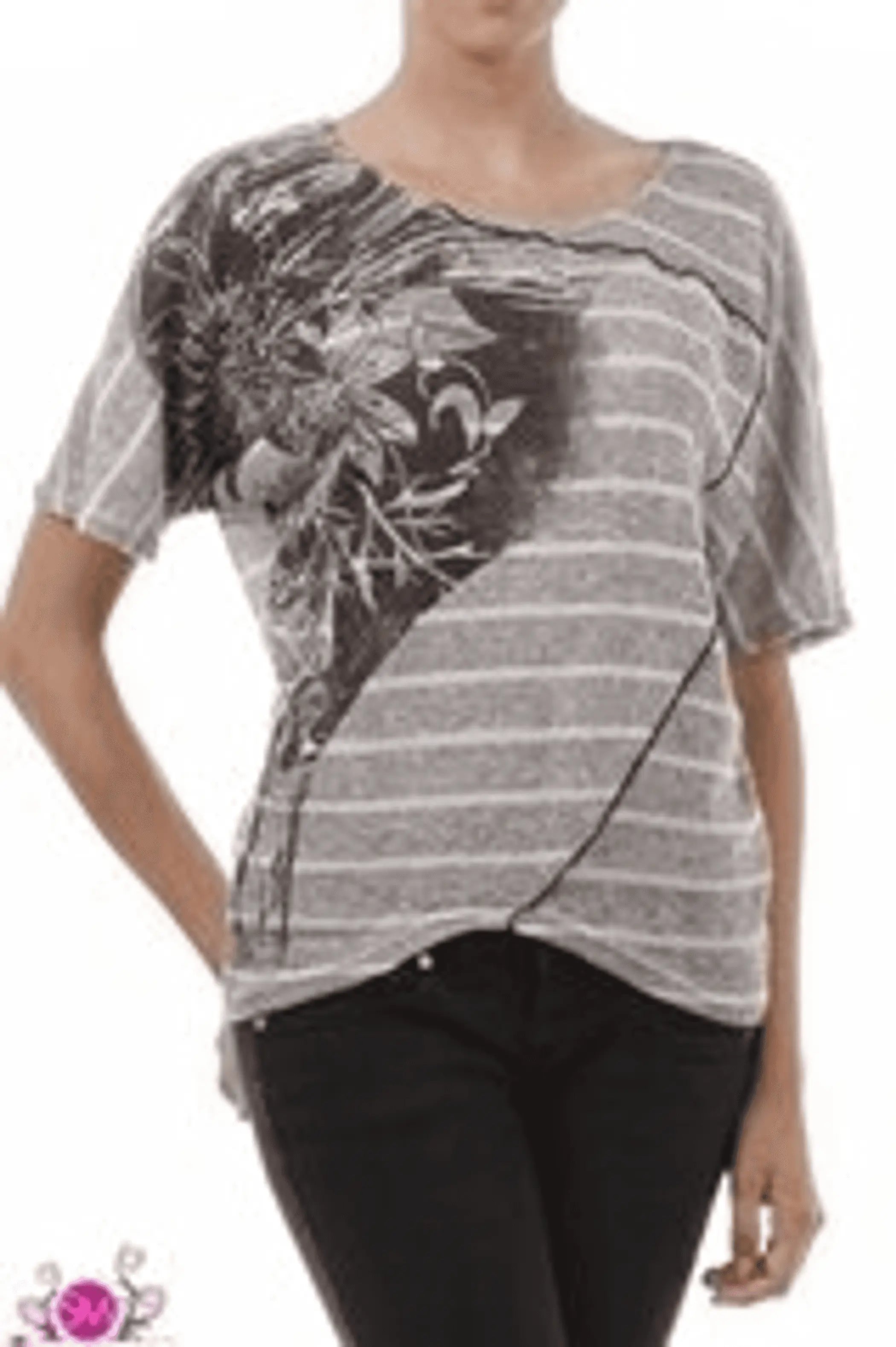 Striped top with floral print front and side rhinestones SurelyMine