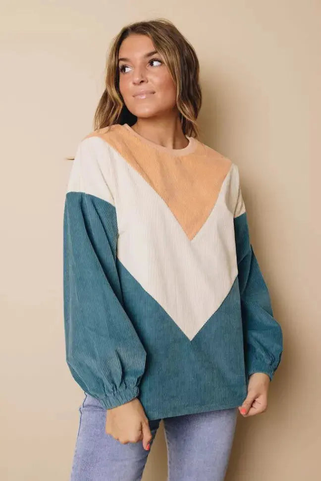 Suki Balloon Sleeve Corduroy Sweatshirt Stay Warm in Style
